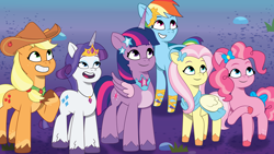 Size: 2400x1350 | Tagged: safe, artist:prixy05, applejack, fluttershy, pinkie pie, rainbow dash, rarity, twilight sparkle, alicorn, earth pony, pegasus, pony, unicorn, g4, g5, lavarynth, my little pony: tell your tale, spoiler:g5, spoiler:my little pony: tell your tale, spoiler:tyts01e62, character swap, female, g4 to g5, generation leap, i can't believe it's not hasbro studios, looking up, mane six, mare, the isle of scaly (location), twilight sparkle (alicorn)
