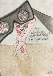 Size: 1425x2048 | Tagged: safe, artist:antnoob, artist:lightsolver, pinkie pie, earth pony, pony, g4, anatomically incorrect, colored, colored pencils, female, indoors, looking at you, mare, offscreen character, offscreen human, open mouth, open smile, pecs, pov, smiling, solo, traditional art, virtual reality, vr headset