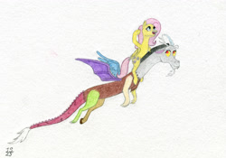 Size: 4096x2864 | Tagged: safe, artist:antnoob, artist:lightsolver, discord, fluttershy, draconequus, pegasus, pony, g4, colored, flying, simple background, the neverending story, traditional art, watercolor painting