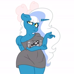Size: 6890x6890 | Tagged: safe, artist:riofluttershy, oc, oc only, oc:fleurbelle, alicorn, anthro, alicorn oc, anthro oc, arm under breasts, big breasts, bow, breasts, clothes, equine, female, hair bow, horn, mare, nightgown, simple background, solo, white background, wings, yellow eyes
