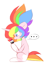 Size: 1280x1690 | Tagged: safe, artist:ladylullabystar, oc, oc only, oc:lady lullaby star, pony, unicorn, ..., asexual pride flag, ball, big ears, coat markings, female, mare, multicolored hair, ponytail, pride, pride flag, rainbow hair, simple background, sitting, socks (coat markings), solo, thinking, transparent background