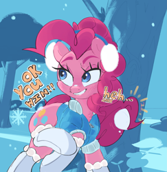 Size: 2405x2474 | Tagged: safe, artist:maremagnet, pinkie pie, earth pony, pony, g4, chest fluff, clothes, dialogue, earmuffs, grin, high res, jacket, lidded eyes, simple background, smiling, snow, snowball, snowball fight, snowflake, socks, solo, thigh highs