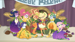 Size: 3200x1800 | Tagged: safe, screencap, applejack, fluttershy, pinkie pie, rainbow dash, rarity, sci-twi, sunset shimmer, twilight sparkle, equestria girls, equestria girls series, g4, holidays unwrapped, o come all ye squashful, spoiler:eqg series (season 2), clothes, converse, cornucopia, cornucopia costumes, costume, dress, eggplant, female, food, fruit, group photo, humane five, humane seven, humane six, inflatable, inflatable dress, puffy sleeves, shoes, treehouse logo