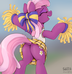 Size: 2887x2974 | Tagged: safe, alternate version, artist:dosh, cheerilee, earth pony, pony, g4, the cart before the ponies, adorasexy, away from viewer, bipedal, blouse, bow, butt, butt focus, cheeribetes, cheerileeder, cheering, cheerleader, cheerleader outfit, clothes, cute, dock, eyes closed, female, flowerbutt, hair bow, high res, mare, mascara, open mouth, open smile, plot, pom pom, scrunchy face, sexy, skirt, smiling, solo, tail, upskirt