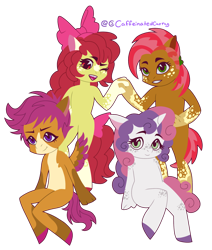 Size: 1720x2024 | Tagged: safe, artist:caffeinatedcarny, derpibooru exclusive, apple bloom, babs seed, scootaloo, sweetie belle, earth pony, pegasus, pony, unicorn, anthro, unguligrade anthro, g4, apple bloom's bow, bow, child, chubby, closed mouth, coat markings, colored hooves, countershading, cousins, cutie mark crusaders, dappled, facial markings, freckles, grin, group, hair bow, holding hands, leg freckles, looking at you, markings, mealy mouth (coat marking), one eye closed, open mouth, open smile, pale belly, ponytail, simple background, slender, smiling, socks (coat markings), star (coat marking), tail, tail bow, thin, transparent background, wink, young