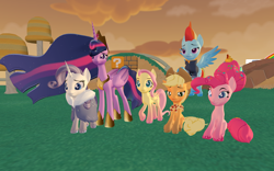 Size: 1920x1200 | Tagged: safe, artist:puzzlshield2, applejack, fluttershy, pinkie pie, rainbow dash, rarity, twilight sparkle, alicorn, earth pony, pegasus, pony, unicorn, g4, the last problem, 3d, female, group shot, mane six, mare, mmd, older, older twilight, older twilight sparkle (alicorn), princess twilight 2.0, recreation, scene interpretation, sunset, super mario 3d world, the magic of friendship grows, twilight sparkle (alicorn)