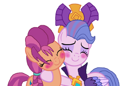 Size: 1600x1131 | Tagged: artist needed, source needed, safe, queen haven, sunny starscout, earth pony, pegasus, pony, g4, g5, blushing, female, g5 to g4, generation leap, lesbian, mare, nuzzling, ship:sunnyhaven, shipping, simple background, transparent background