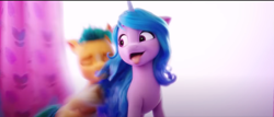 Size: 1264x539 | Tagged: safe, screencap, hitch trailblazer, izzy moonbow, earth pony, pony, unicorn, g5, my little pony: a new generation, blurry background, duo, eyes closed, female, fit right in (g5), looking back, male, mare, movie, open mouth, out of context, stallion, tongue out