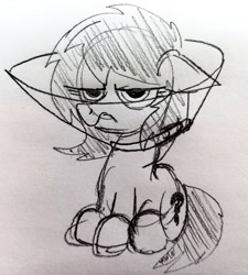 Size: 2435x2706 | Tagged: safe, artist:dhm, oc, oc:filly anon, pony, annoyed, ears back, elizabethan collar, female, filly, high res, monochrome, sketch, solo, traditional art
