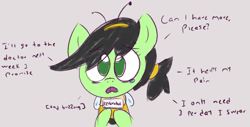 Size: 1467x743 | Tagged: safe, artist:wanda, oc, oc only, oc:filly anon, earth pony, pony, animal costume, bee costume, clothes, costume, dialogue, female, filly, medicine, sad