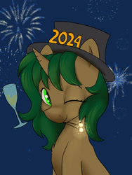 Size: 3000x4000 | Tagged: source needed, safe, artist:dumbwoofer, oc, oc:pine shine, pony, unicorn, 2024, alcohol, champagne, champagne glass, chest fluff, ear fluff, female, fireworks, happy, happy new year, happy new year 2024, hat, holiday, looking at you, mare, mouth hold, one eye closed, smiling, solo, wine, wink, winking at you