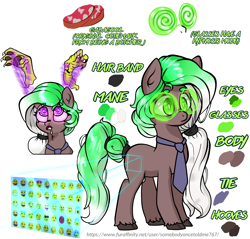 Size: 2200x2100 | Tagged: safe, artist:lebatoman, discord, oc, oc only, oc:cutting edge, earth pony, pony, cute, earth pony oc, emoji, facebook, female, gabagool, glasses, high res, hypnosis, implied discord, mare, necktie, puppet strings, reference sheet, simple background, solo, story included, swirly eyes, white background