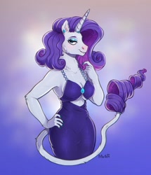 Size: 1668x1941 | Tagged: safe, artist:birdoffnorth, rarity, unicorn, anthro, g4, abstract background, breasts, cleavage, clothes, dress, ear piercing, female, hand on hip, horn, horn ring, jewelry, leonine tail, neck fluff, piercing, ring, solo, tail, tail ring