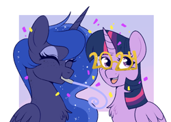 Size: 774x551 | Tagged: safe, artist:lulubell, princess luna, twilight sparkle, alicorn, pony, g4, 2024, ^^, bust, chest fluff, confetti, cute, duo, ethereal mane, eyes closed, female, folded wings, freckles, gradient background, happy, happy new year, happy new year 2024, holiday, lavender background, lesbian, looking at you, lunabetes, mare, missing accessory, novelty glasses, open mouth, open smile, party horn, passepartout, ship:twiluna, shipping, sitting, smiling, starry mane, three quarter view, twiabetes, twilight sparkle (alicorn), wings