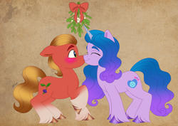 Size: 4961x3508 | Tagged: safe, artist:haruh_ink, izzy moonbow, sprout cloverleaf, earth pony, pony, unicorn, g5, blushing, bow, christmas, commissioner:puffydearlysmith, cute, eyes closed, female, floppy ears, holiday, izzybetes, kissing, male, mare, mistletoe, raised hoof, ship:izzysprout, shipping, smiling, sproutbetes, sproutlove, stallion, straight, unshorn fetlocks