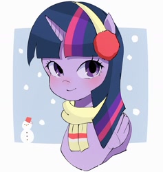 Size: 1218x1286 | Tagged: safe, artist:m09160, twilight sparkle, alicorn, pony, g4, bust, looking at you, simple background, smiling, snow, snowman, solo, twilight sparkle (alicorn)