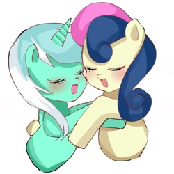 Size: 1405x1405 | Tagged: safe, artist:m09160, bon bon, lyra heartstrings, sweetie drops, earth pony, pony, unicorn, g4, blushing, bust, duo, eyes closed, female, hug, lesbian, open mouth, ship:lyrabon, shipping, simple background, smiling, white background