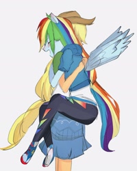 Size: 1417x1771 | Tagged: safe, artist:m09160, applejack, rainbow dash, human, equestria girls, g4, applejack's hat, blushing, clothes, cowboy hat, duo, female, hat, hug, lesbian, open mouth, ship:appledash, shipping, simple background, spread wings, white background, wings