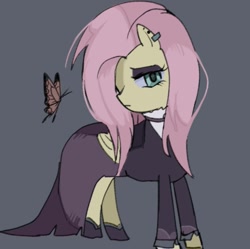 Size: 949x946 | Tagged: safe, artist:m09160, fluttershy, butterfly, pegasus, pony, g4, clothes, ear piercing, fluttergoth, frown, gray background, piercing, simple background, solo