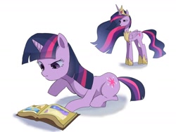 Size: 1760x1320 | Tagged: safe, artist:m09160, twilight sparkle, alicorn, pony, unicorn, g4, the last problem, book, duality, jewelry, lying down, older, older twilight, older twilight sparkle (alicorn), princess twilight 2.0, regalia, self paradox, self ponidox, simple background, smiling, solo, standing, time paradox, twilight sparkle (alicorn), unicorn twilight, white background