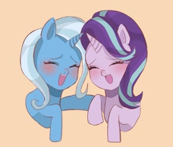 Size: 1215x1028 | Tagged: safe, artist:m09160, starlight glimmer, trixie, pony, unicorn, g4, blushing, bust, duo, eyes closed, female, laughing, laughingmares.jpg, lesbian, open mouth, orange background, ship:startrix, shipping, simple background, smiling