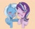 Size: 1215x1028 | Tagged: safe, artist:m09160, starlight glimmer, trixie, pony, unicorn, g4, blushing, bust, duo, eyes closed, female, laughing, laughingmares.jpg, lesbian, open mouth, orange background, ship:startrix, shipping, simple background, smiling