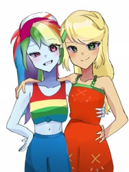 Size: 1536x2048 | Tagged: safe, artist:m09160, applejack, rainbow dash, human, equestria girls, equestria girls specials, g4, my little pony equestria girls: better together, my little pony equestria girls: spring breakdown, bare shoulders, belly button, clothes, dress, duo, female, hat, hug, lesbian, looking at you, midriff, ship:appledash, shipping, simple background, sleeveless, smiling, white background