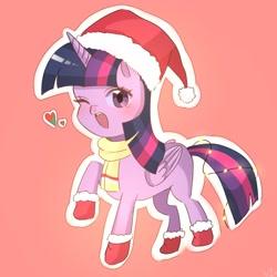 Size: 2048x2048 | Tagged: safe, artist:m09160, twilight sparkle, alicorn, pony, g4, christmas, clothes, cute, female, hat, heart, high res, holiday, looking at you, mare, one eye closed, open mouth, open smile, orange background, raised hoof, santa hat, scarf, simple background, smiling, solo, twiabetes, twilight sparkle (alicorn), wink