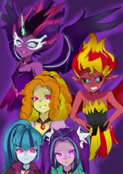 Size: 1449x2048 | Tagged: safe, artist:m09160, adagio dazzle, aria blaze, sci-twi, sonata dusk, sunset shimmer, twilight sparkle, human, equestria girls, g4, clothes, glowing, glowing eyes, jewelry, looking at you, midnight sparkle, necklace, smiling, smirk, spread wings, sunset satan, the dazzlings, wings