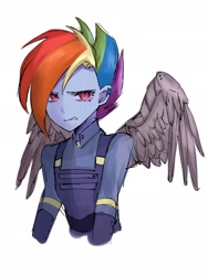 Size: 1536x2048 | Tagged: safe, artist:m09160, rainbow dash, human, equestria girls, g4, alternate timeline, apocalypse dash, bust, crystal war timeline, frown, metal wing, prosthetic limb, prosthetic wing, scar, simple background, solo, white background, wings