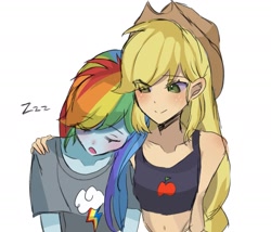 Size: 1617x1386 | Tagged: safe, artist:m09160, applejack, rainbow dash, human, equestria girls, g4, applejack's hat, bare shoulders, clothes, cowboy hat, duo, female, freckles, hat, hug, lesbian, midriff, open mouth, ship:appledash, shipping, shirt, simple background, sleeping, sleeveless, smiling, t-shirt, white background
