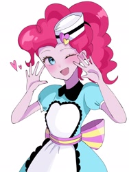 Size: 1536x2048 | Tagged: safe, artist:m09160, pinkie pie, human, equestria girls, g4, clothes, hat, heart, one eye closed, open mouth, simple background, smiling, solo, white background, wink
