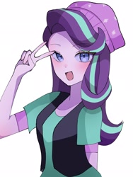 Size: 1536x2048 | Tagged: safe, artist:m09160, starlight glimmer, human, equestria girls, g4, beanie, bust, clothes, hat, looking at you, open mouth, peace sign, simple background, smiling, solo, white background