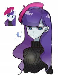 Size: 1586x2045 | Tagged: safe, artist:cerise, rarity, human, pony, unicorn, equestria girls, g4, beatnik rarity, beret, bust, clothes, hat, looking at you, simple background, smiling, solo, sweater, white background