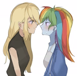 Size: 2048x2028 | Tagged: safe, artist:m09160, applejack, rainbow dash, human, equestria girls, g4, clothes, duo, female, high res, jacket, lesbian, looking at each other, looking at someone, ship:appledash, shipping, simple background, sweat, sweatdrop, white background