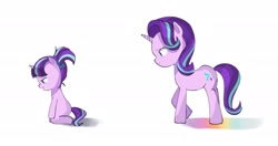 Size: 2048x1080 | Tagged: safe, artist:m09160, starlight glimmer, pony, unicorn, g4, crying, duality, female, filly, filly starlight glimmer, frown, self paradox, self ponidox, simple background, sitting, solo, standing, time paradox, white background, younger