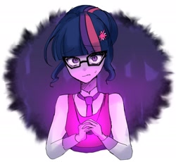 Size: 1787x1646 | Tagged: safe, artist:m09160, sci-twi, twilight sparkle, human, equestria girls, g4, my little pony equestria girls: friendship games, clothes, crystal prep academy uniform, frown, glowing, hairpin, necktie, school tie, school uniform, schoolgirl, simple background, solo, sweat, sweatdrop, white background