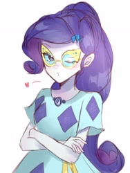 Size: 1536x2048 | Tagged: safe, artist:m09160, rarity, human, equestria girls, g4, clothes, crossed arms, dress, glasses, hairpin, heart, one eye closed, simple background, solo, white background, wink