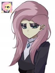 Size: 1536x2048 | Tagged: safe, artist:m09160, fluttershy, human, pegasus, pony, equestria girls, g4, bust, clothes, ear piercing, fluttergoth, frown, jewelry, necklace, piercing, solo