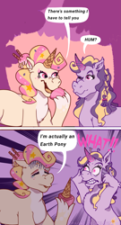 Size: 2079x3842 | Tagged: safe, artist:dragao_tecnologia, dreamy (g5), vanilla swirl, earth pony, pony, unicorn, g5, my little pony: tell your tale, 2 panel comic, comic, curved horn, eyes closed, fake horn, female, gritted teeth, high res, horn, mare, one eye closed, simple background, surprised, teeth, this explains everything, unshorn fetlocks