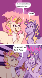 Size: 2079x3842 | Tagged: safe, artist:dragao_tecnologia, dreamy (g5), earth pony, pony, unicorn, g5, my little pony: tell your tale, 2 panel comic, comic, curved horn, eyes closed, fake horn, female, gritted teeth, high res, horn, mare, one eye closed, simple background, sundae (g5), surprised, teeth, this explains everything, unshorn fetlocks