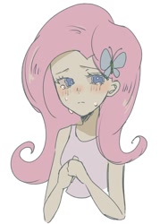 Size: 916x1221 | Tagged: safe, artist:m09160, fluttershy, human, equestria girls, g4, bare shoulders, bust, clothes, crying, hairpin, looking at you, simple background, solo, tank top, white background
