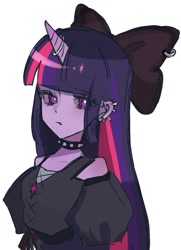 Size: 877x1210 | Tagged: safe, artist:cerise, twilight sparkle, unicorn, anthro, equestria girls, g4, bow, bust, choker, ear piercing, frown, goth, hair bow, horn, horn ring, looking at you, piercing, ring, simple background, solo, spiked choker, white background