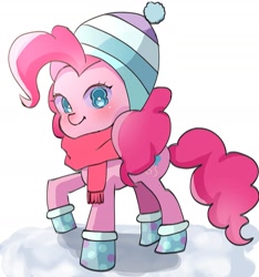 Size: 1517x1620 | Tagged: safe, artist:m09160, pinkie pie, earth pony, pony, g4, clothes, hat, looking at you, raised hoof, scarf, simple background, smiling, solo, white background