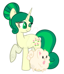 Size: 900x1029 | Tagged: safe, artist:rem-ains, oc, oc only, oc:dandy, oc:felicity mossrock, dog, pomeranian, pony, unicorn, deviantart watermark, duo, eyeshadow, female, green eyes, green hair, green mane, green tail, makeup, mare, obtrusive watermark, pet, raised hoof, simple background, tail, transparent background, watermark