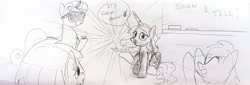 Size: 3856x1307 | Tagged: safe, artist:dhm, princess celestia, alicorn, pony, g4, classroom, drawthread, female, filly, foal, fusion, goggles, monochrome, show and tell, sketch, speech bubble, teacher, traditional art, young celestia