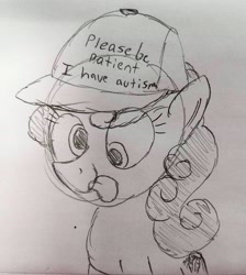 Size: 2423x2700 | Tagged: safe, artist:dhm, carrot top, golden harvest, pony, g4, autism, derp, drawthread, hat, high res, meme, monochrome, please be patient i have autism, sketch, solo, traditional art
