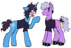Size: 3050x2050 | Tagged: safe, artist:k0br4, earth pony, pony, unicorn, angry, clothes, clown makeup, curly hair, dyed mane, el maau, el uriel, high res, hoof polish, horn, jewelry, looking at each other, looking at someone, onecoin crew, ponified, simple background, spanish, transparent background, unshorn fetlocks, youtuber