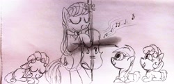 Size: 4160x2010 | Tagged: safe, artist:dhm, octavia melody, oc, earth pony, pony, g4, bipedal, cello, eyes closed, female, filly, foal, mare, monochrome, music notes, musical instrument, sketch, traditional art