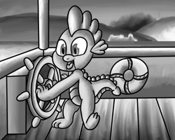 Size: 3000x2400 | Tagged: safe, artist:saburodaimando, spike, dragon, g4, black and white, disney, grayscale, high res, male, monochrome, solo, steamboat willie